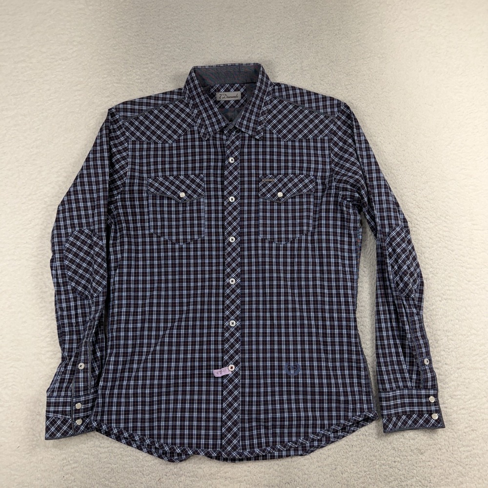 7 Diamonds Shirt Mens Large Plaid Long Sleeve Button Up Casual Pocket Blue 1472